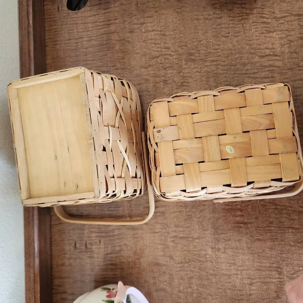 Wooden woven wicker carrying baskets bundle of 3 light brown tan storage organiz